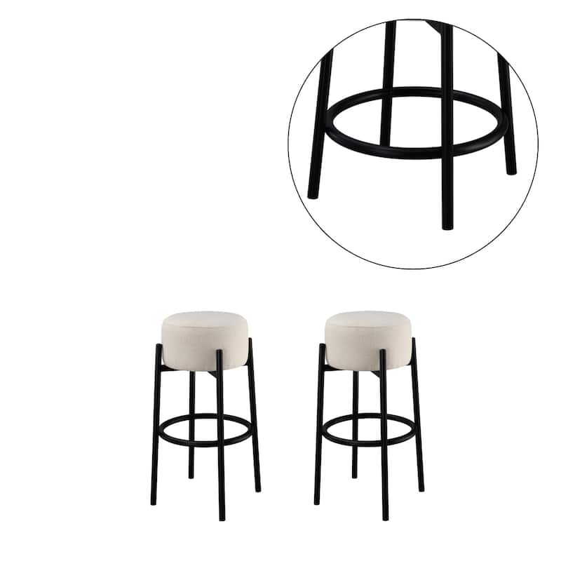 Set of 2 Upholstered Backless Metal Round Bar Stools in White and Black