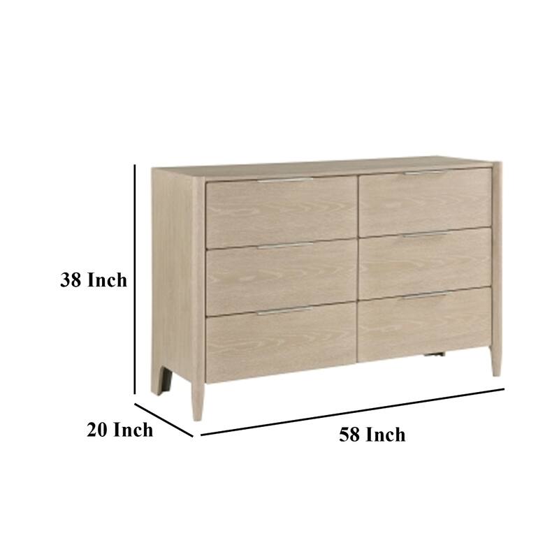 Maty Dresser, 58 Inch, 6 Drawers, Light Oak Brown Ceruse, Nickel Pulls
