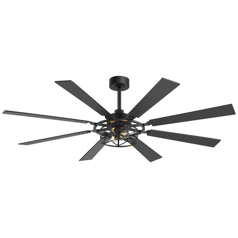 52"/65" Industrial Reversible Wood 5/8-Blade Cage Ceiling Fan with Light Kit and Remote