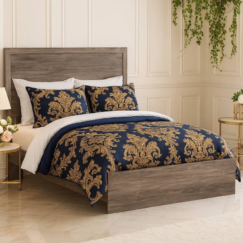 Isnk Queen Size Bed w Plank Headboard, Rustic Gray Laminate Finish