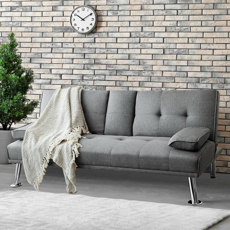 Convertible Folding Futon Sofa Bed Fabric with 2 Cup Holders - 66" x 31.5" x 29.5"