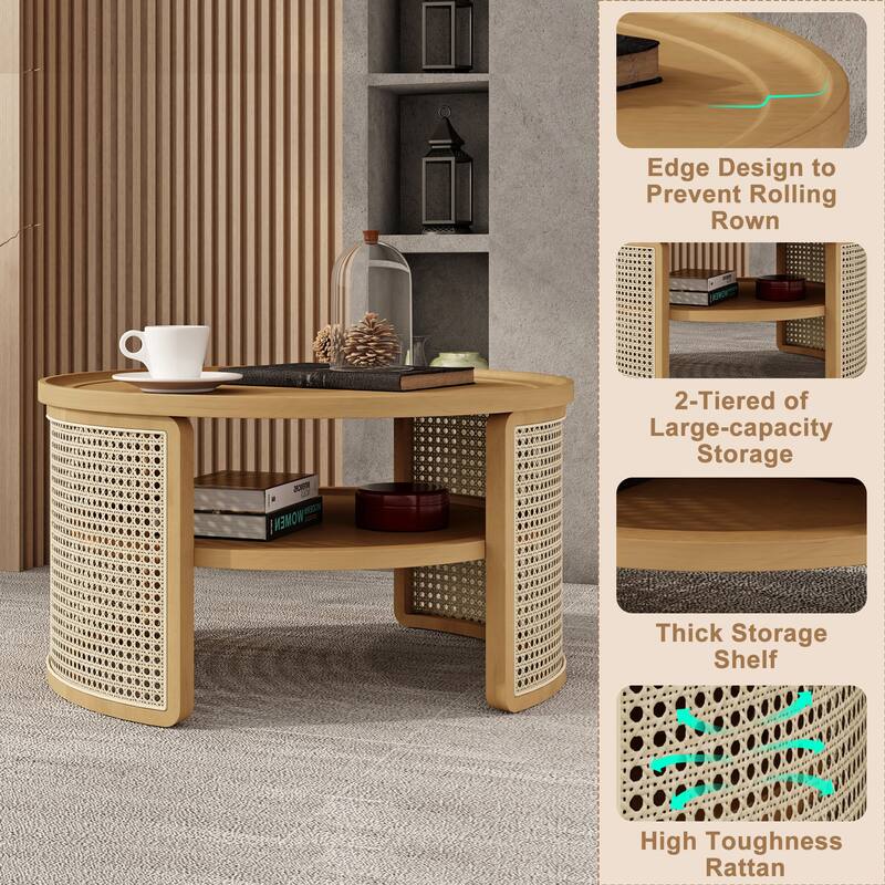 Roomfitters Round Natural Wood Coffee Table, 2-Tier Design with Rattan Base and Storage Shelf, 31-Inch Living Room Center Table