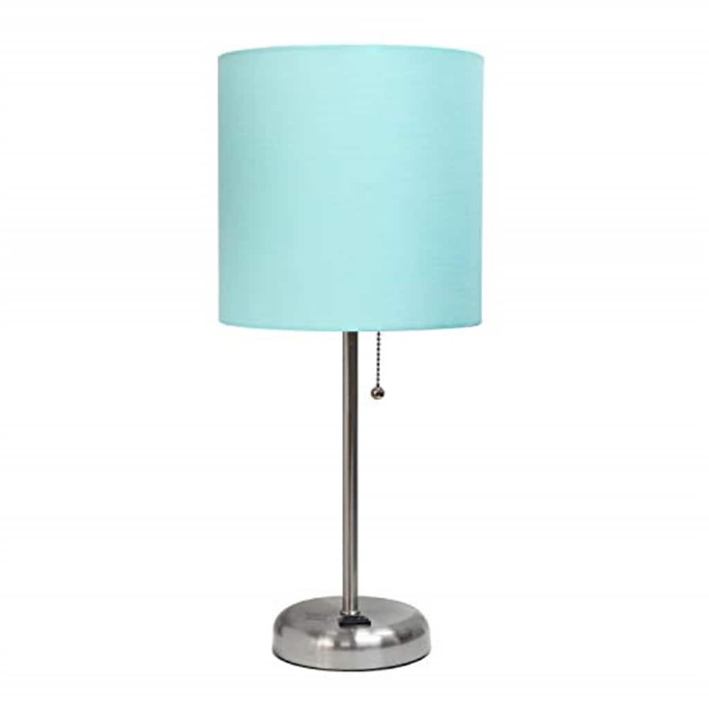 19.5 in. Brushed Steel Finish Table Lamp with Blue Shade, Durable Stick Lamp for End/Side Tables