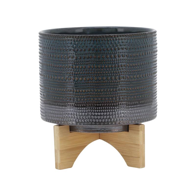 8" Dotted Planter with Wood Stand, Green