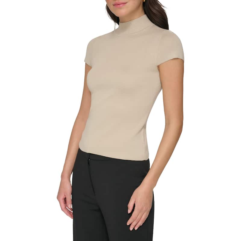DKNY Cap Sleeve Mock Neck Knit Top - L - Pebble