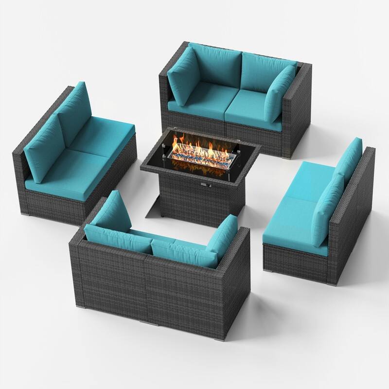 9-Piece Outdoor Wicker Patio Sectional Conversation Set with Fire Pit - Teal