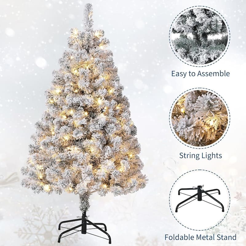 Foldable Metal Base Snowy Flocked Artificial Christmas Tree - N/A