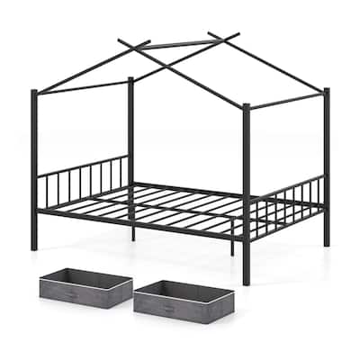 Full Size Metal House Bed Frame with Storage Drawers and Slats Support for Kids and Teens Room