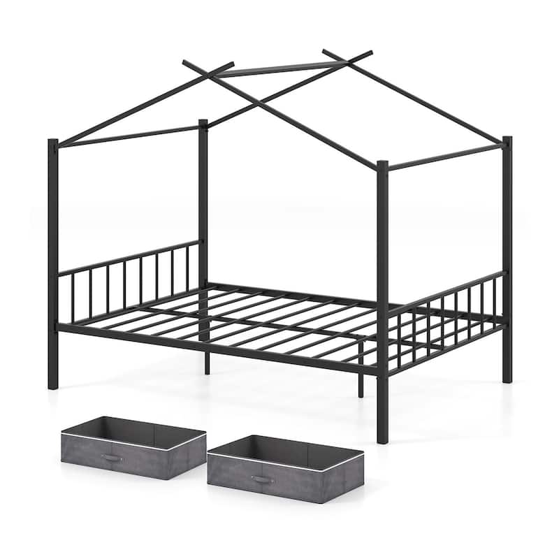 Full Size Metal House Bed Frame with Storage Drawers and Slats Support for Kids and Teens Room