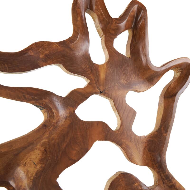 Brown Teak Wood Cutout Abstract Decorative Sculpture with Block Base