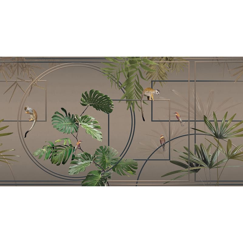 Modern Tropical Jungle Wallpaper Mural with Monkeys and Exotic Birds