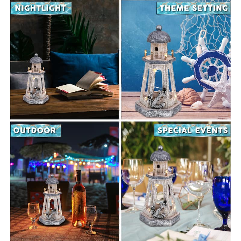 CoTa Global Silver Sea Nautical Wooden Lantern Lighthouse w/ LED Light - 8.8″Lx4.8″Wx4.3″H