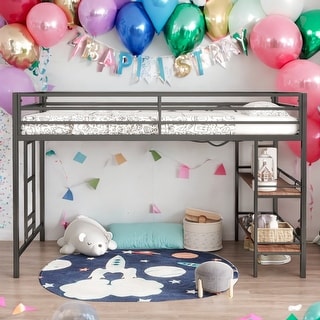 Twin Size Loft Bed with Functional Shelf and Guardrails