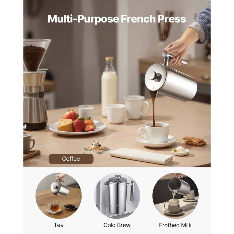 Silver Stainless Steel French Press Coffee Maker Portable