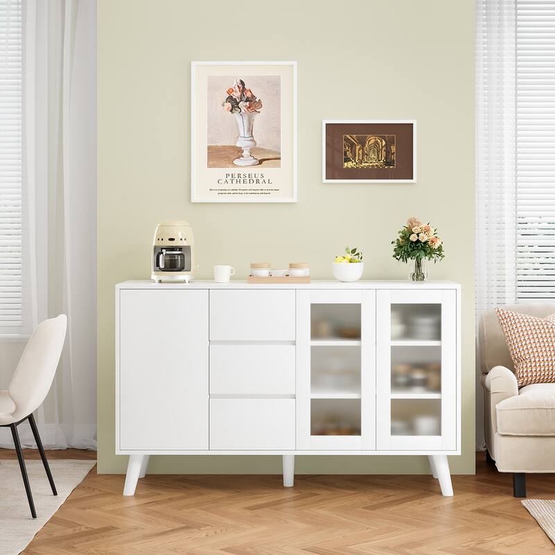 Farmhouse Buffet Cabinet, 55.5" Coffee Bar with 3 Drawers and Pop-Up Doors, Large Rustic Sideboard for Dining Room