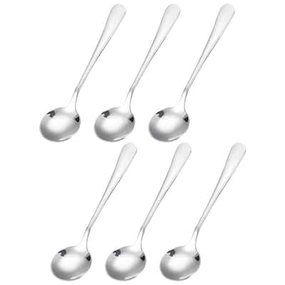 6Pcs 4.5" Stainless Steel Soup Spoon Tea Spoons Round Dinner Spoons, Silver