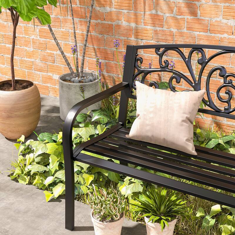 Outsunny 50" Blossoming Pattern Garden Decorative Patio Park Bench with Beautiful Design & Seats for 3 People