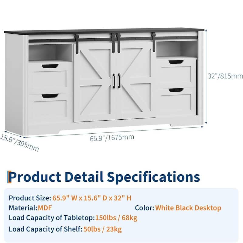 66" Farmhouse TV Stand, Entertainment Center with 4 Drawers for Up to 70 Inch TVs