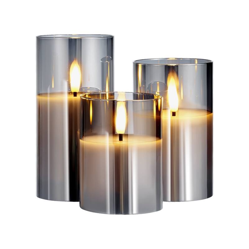 3-Piece Grey Glass Flameless LED Candle Set with Remote and Timer Battery Operated Flicker Lights - 2.95” x 4.02”