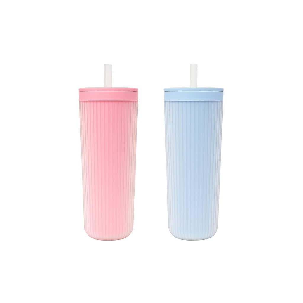 Mesa Cold Double Wall Travel Tumbler with Straw, Pink & Blue, 24 oz, Set of 2