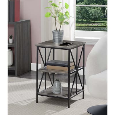 End Table with Three Tier Shelves, Star-Like Black Metal Frame, Modern Accent Side Table for Bedroom or Living Room Décor
