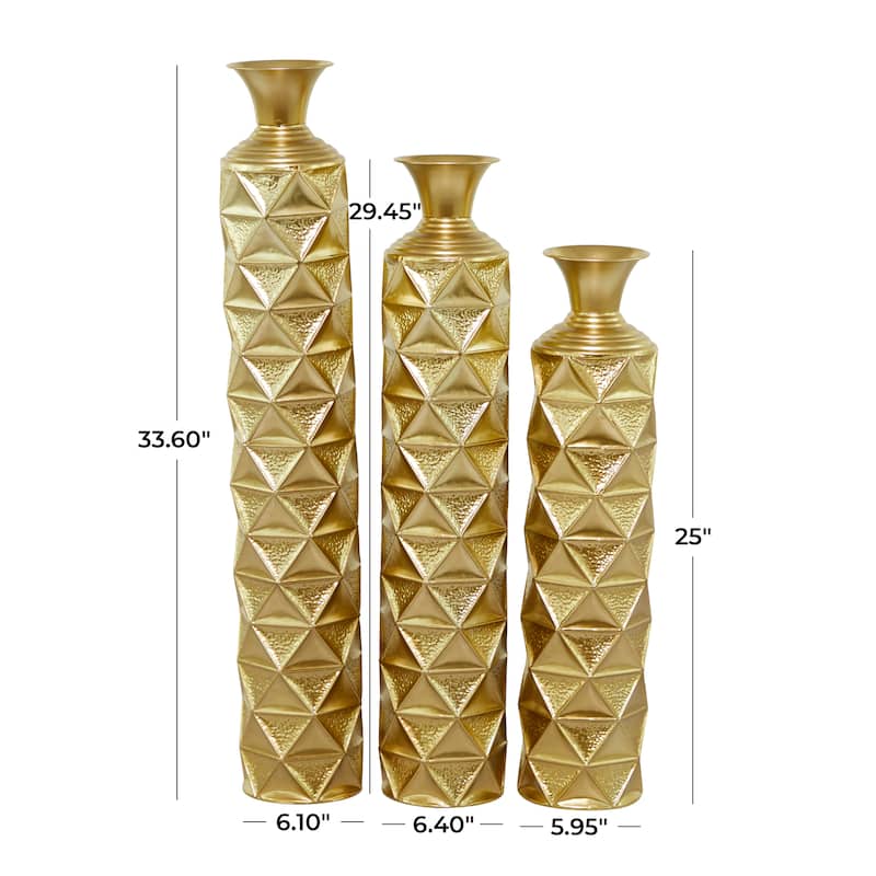 Metal Tall Distressed Metallic Vase with 3D Triangle Patterns - Set of 3 Gold - Roche River Décor. - 6"Wx6"Lx34"H