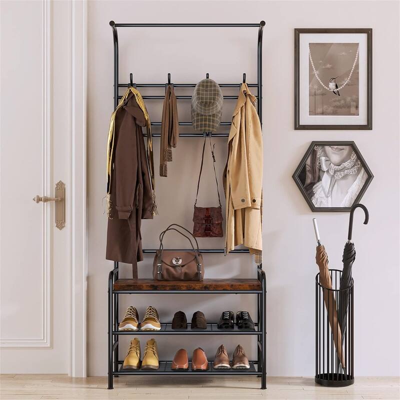 Entryway Bench with Coat Rack - 11.8"D x 23.6"W x 70.9"H