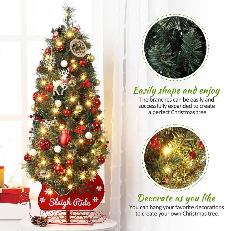 2Pcs 4.5 Ft Pre-Lit Artificial Christmas Tree with 85 Clear Lights,Timer,Pine Cones and Sleigh Base