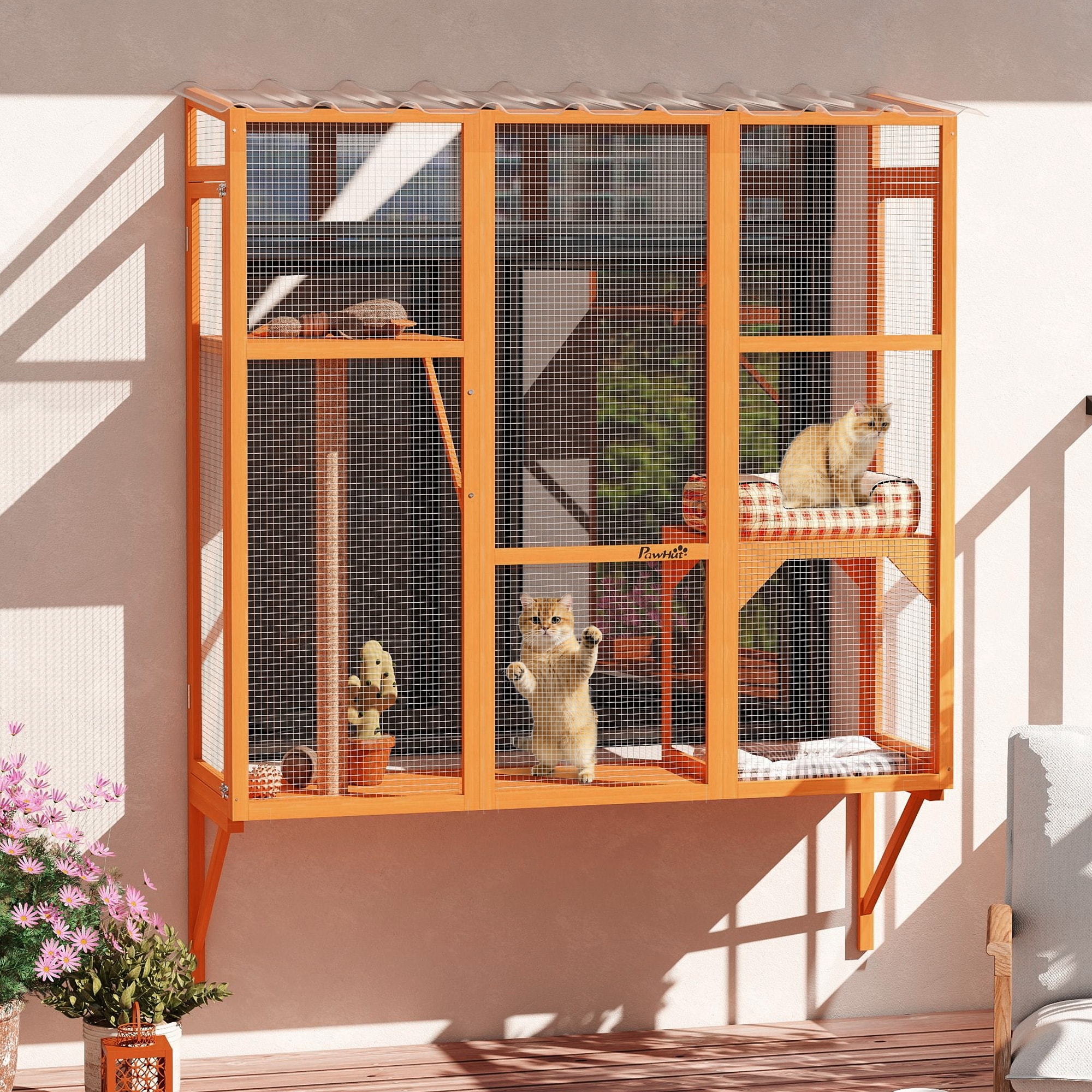 PawHut Outdoor Catio, Cat Window Catio Box Enclosure for 2-3 Large Indoor Cats with 2 Jumping Platforms, Scratching Post