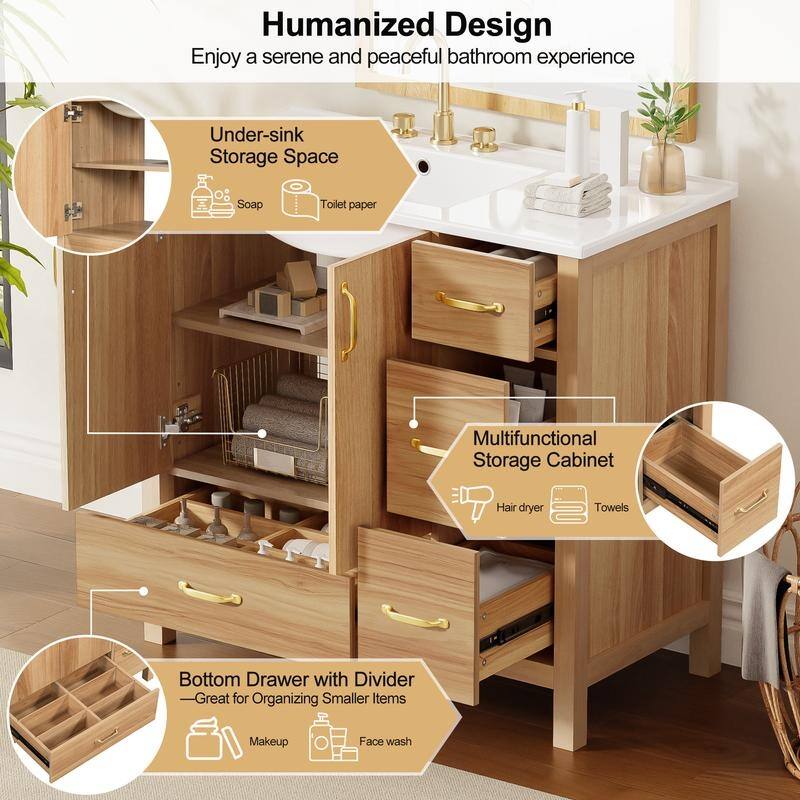 36" Bathroom Vanity with Ceramic Sink, 2 Soft Close Doors, 4 Drawers, Adjustable Shelf