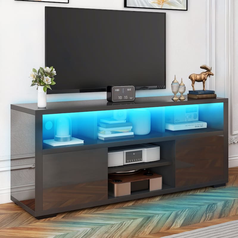 Moasis Modern Glossy LED TV Stand For TVs up to 70 inches, Entertainment Center & Media Console for Living Room - Black - 51 inches in width