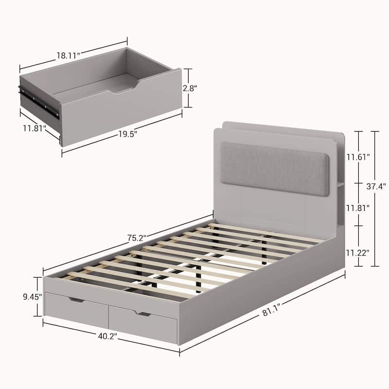 Twin Bed Frame, with 2-Tier Storage Headboard and 2 Drawers