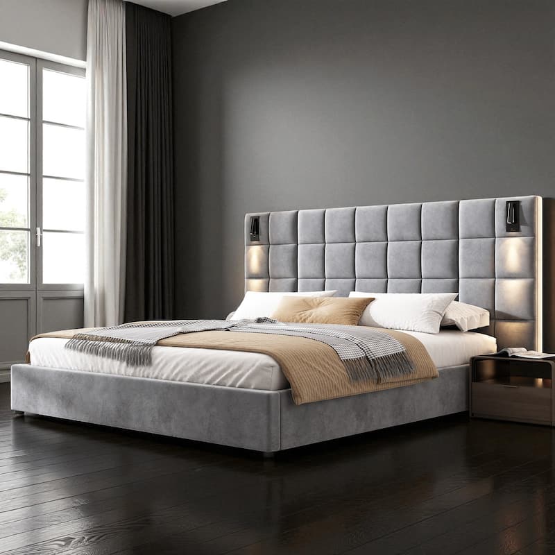 King Size Velvet Upholstered Bed Frame with Wide Headboard, Wall Sconce Reading Light & USB Port, No Box Spring Needed