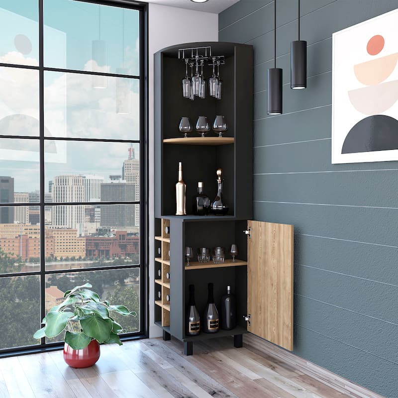 FM Furniture Leah Corner Bar Cabinet with 2 Open Shelves, 2 Inner Shelves, Glass Rack and 10 Wine Cubbies