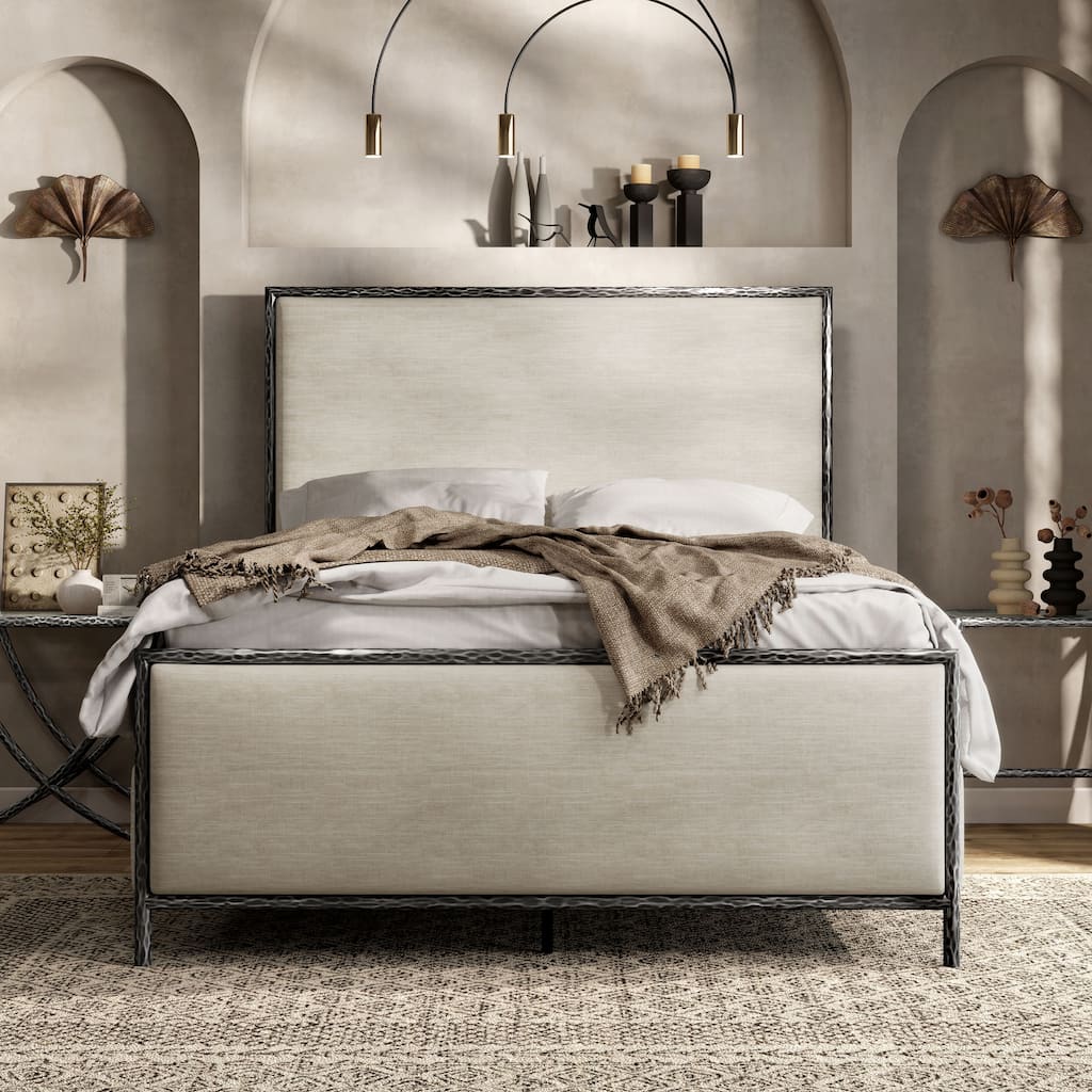 247 Shop At Home Lalia Modern Beige Upholstered Hammered Metal Queen Size Panel Bed