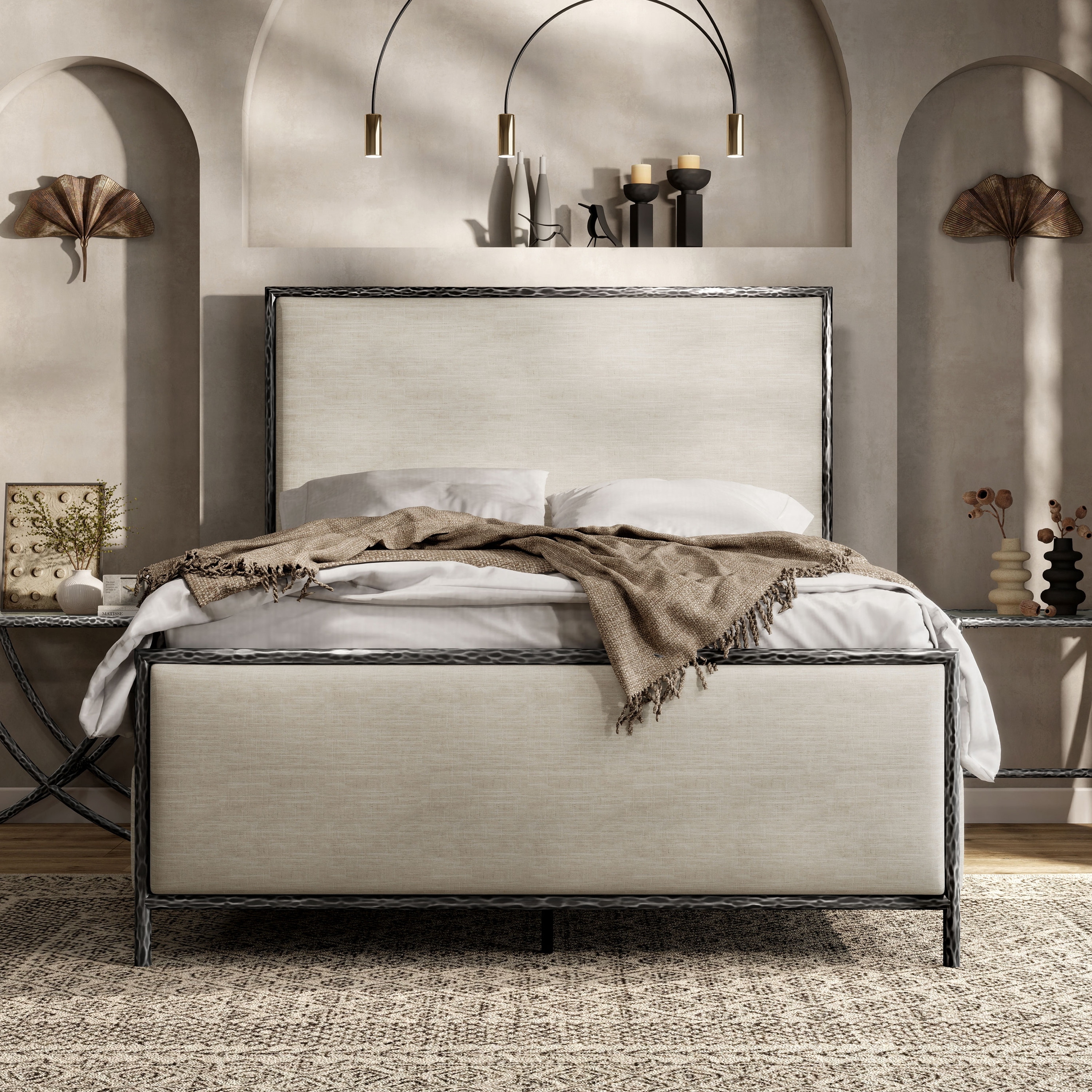 247 Shop At Home Lalia Modern Beige Upholstered Hammered Metal Panel Bed