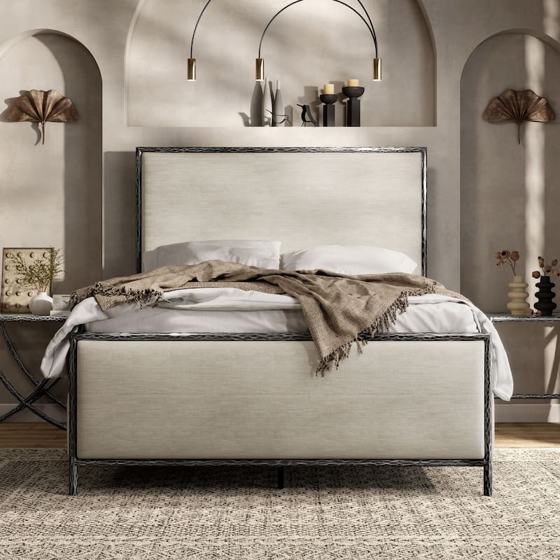247 Shop At Home Lalia Modern Beige Upholstered Hammered Metal Panel Bed