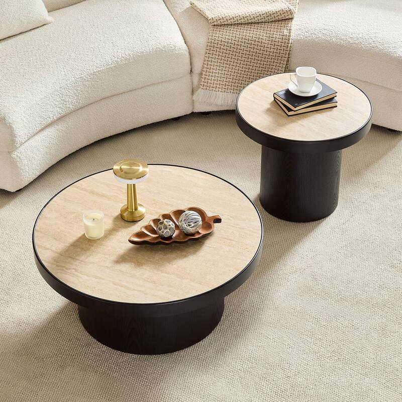 Set of 2 Coffee Table,MDF Round Coffee Table Sintered Stone Tabletop for Living Room
