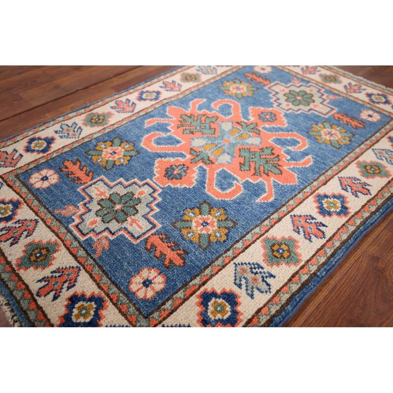 Geometric Kazak Foyer Rug Hand-Knotted Blue Wool Carpet - 2'0" x 3'0"