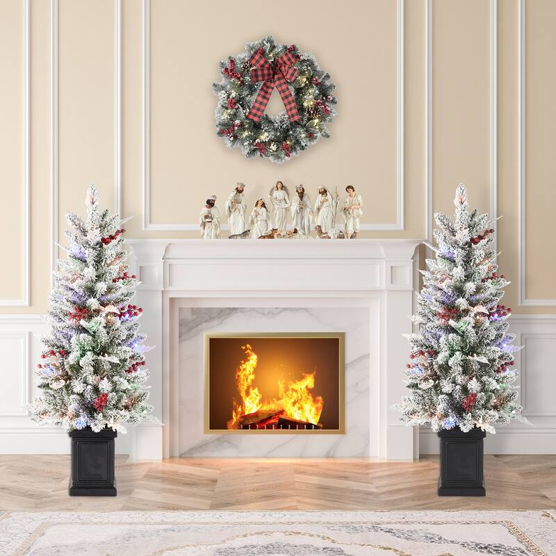 Glitzhome 4FT Pre-Lit Snow-Flocked Artificial Christmas Tree in Pot with Red Berries and Lights for Porch Front Door Decoration
