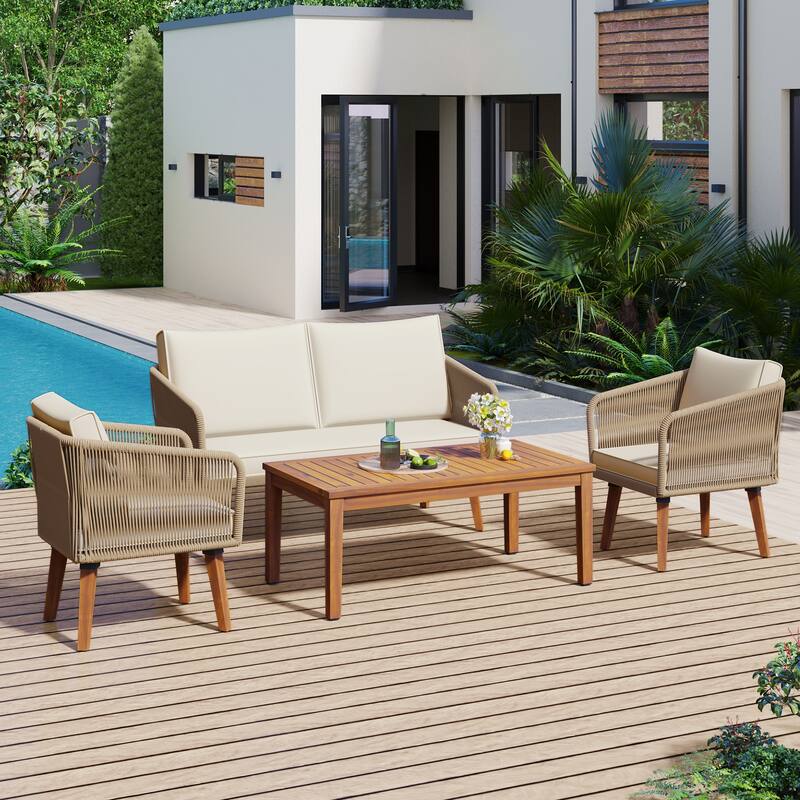 4-Piece Outdoor Rope Patio Conversation Set with Loveseat and Acacia Wood Table, Weather-Resistant Cushions and Metal Frame - Beige