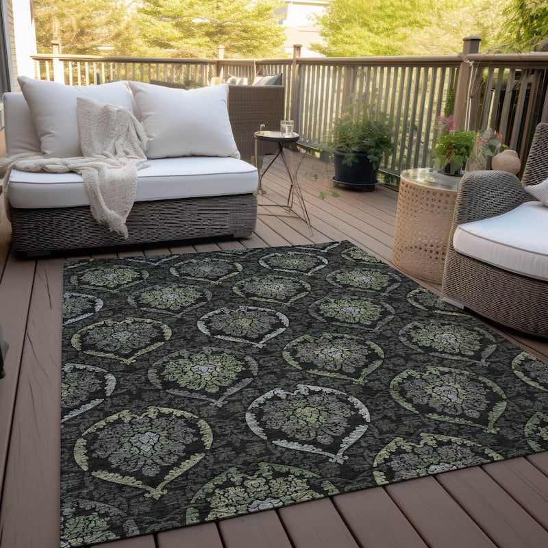Machine Washable Indoor/ Outdoor Chantille Traditional Damask Rug - Green - 5' x 7'6"