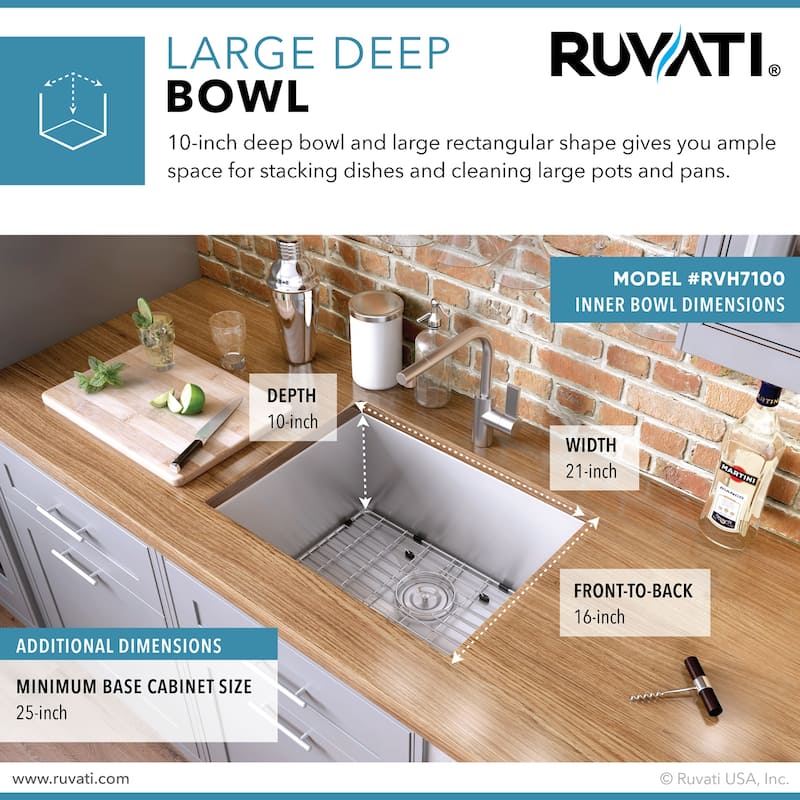 Ruvati 23-inch Undermount 16 Gauge Zero Radius Kitchen Sink Stainless Steel Single Bowl - RVH7100