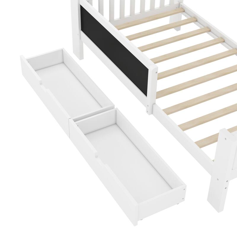 Childlike Fun Solid Wood Low-profile Platform Bed Storage Bed Frame with Side Chalkboard, Open Shelves, Drawers and Guardrails