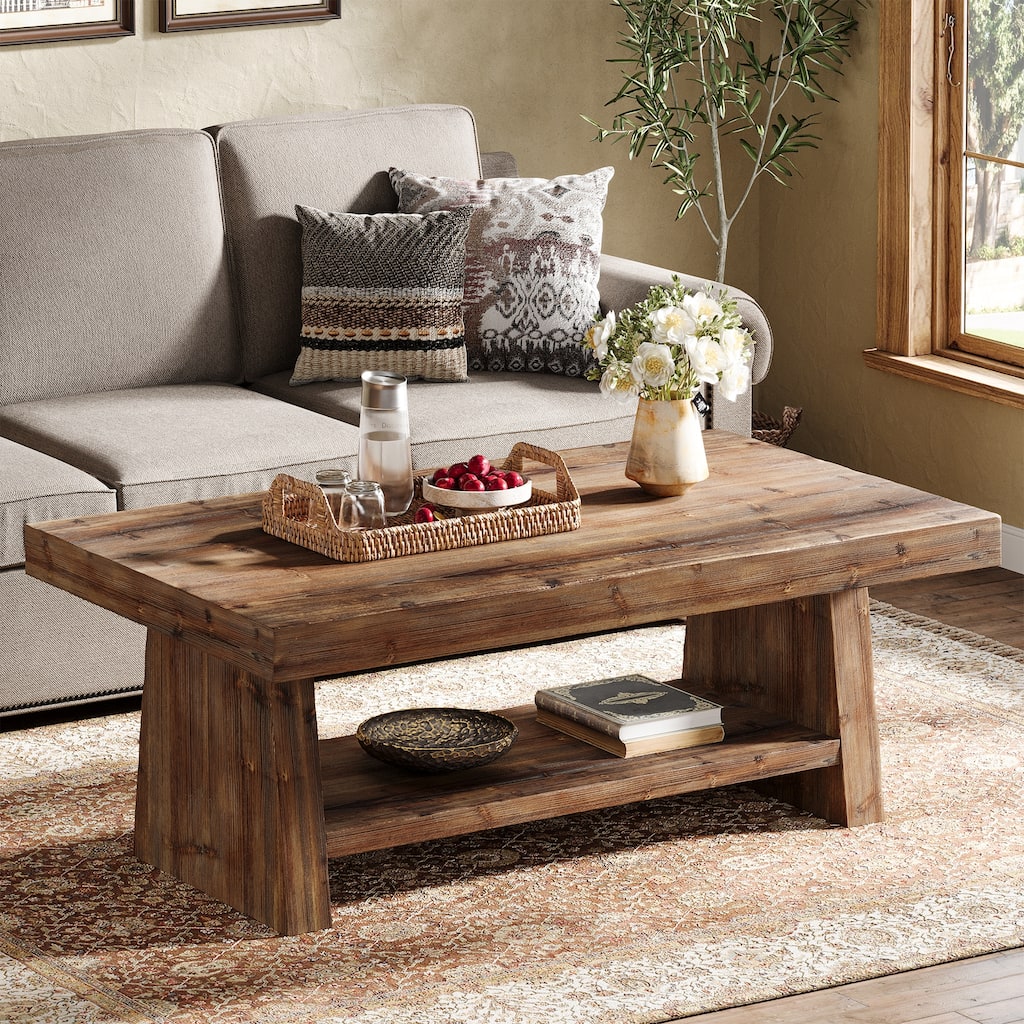 2 Tier Solid Wood Coffee Table for Living Room, 47 Inch Rectangular Center Table with Storage Shelves