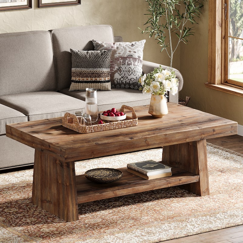 2-Tier Solid Wood Coffee Table for Living Room, Farmhouse Style - 47.24" L x 23.62" W x 19.68" H