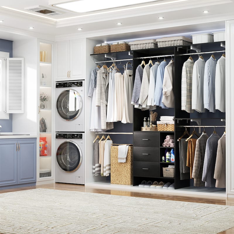 Rackcog 96'' W Closet Organizer with Drawers and Hanging Rods, Wardrobe Closet System (can be cut to fit)