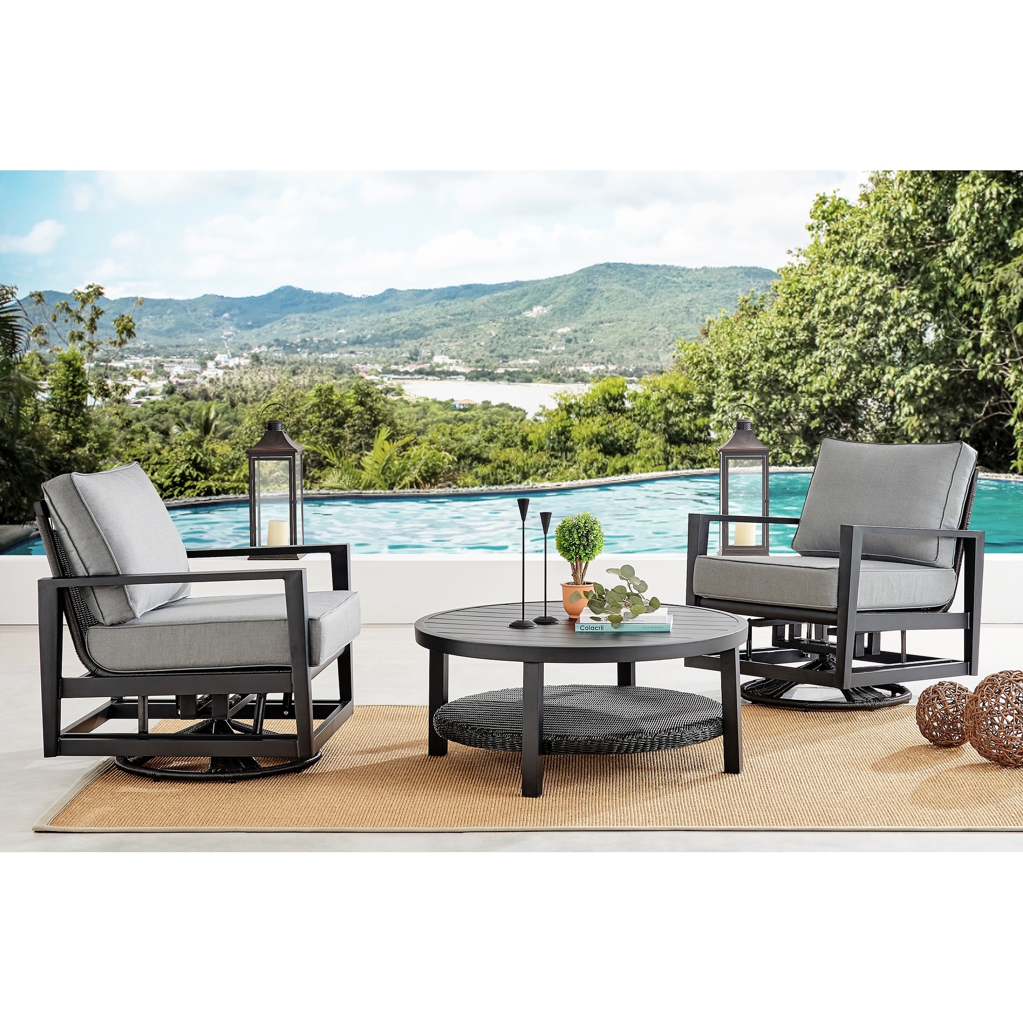 Cayman 3 Piece Black Aluminum Grey Cushion Seating Set On Sale