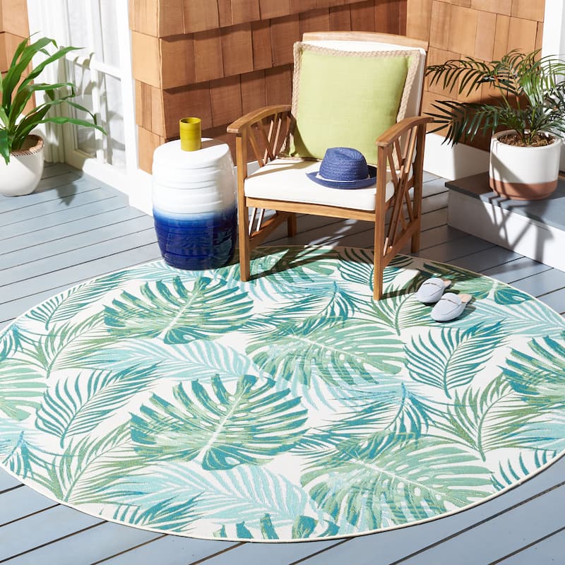 SAFAVIEH Barbados Pisti Tropical Indoor/ Outdoor Waterproof Patio Backyard Rug - 8' Round - Green/Teal