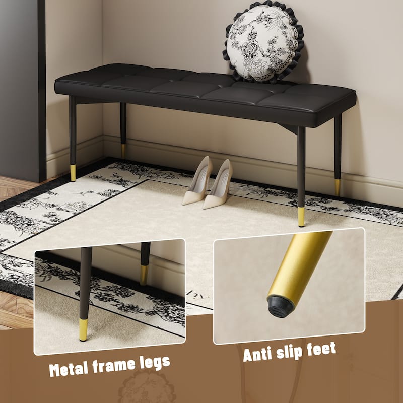 Roomfitters 47"/59" PU Shoe Bench with Gold Metal Legs, Entryway Seat for Bedroom, Living Room and Hallway, Black